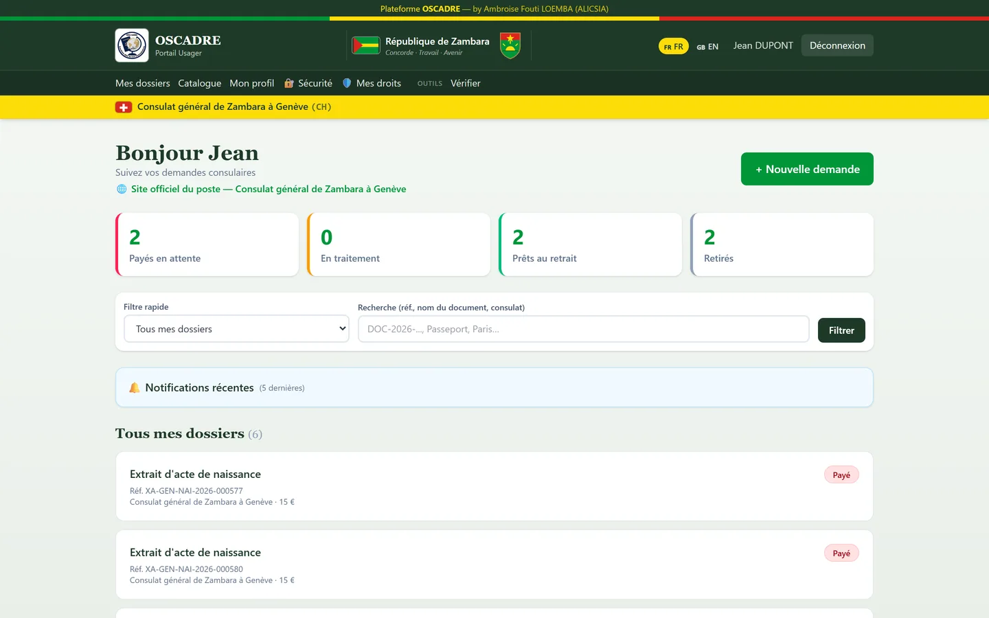 Portail usager : tableau de bord avec le décompte des dossiers par étape et la liste des demandes.