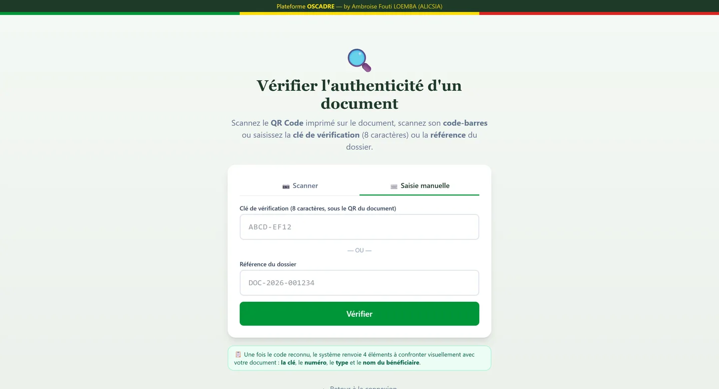 Page publique de vérification : scan du QR code ou saisie manuelle de la clé de vérification.
